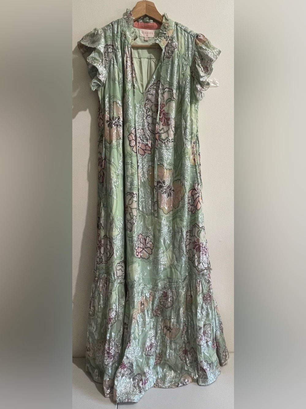 CIEBON Pastel Mint Floral Maxi Dress with Ruffle Sleeves